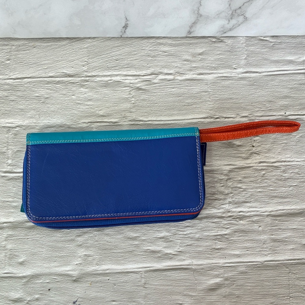 Blue, Turquoise & Orange Leather Full Zip Around Wristlet Wallet